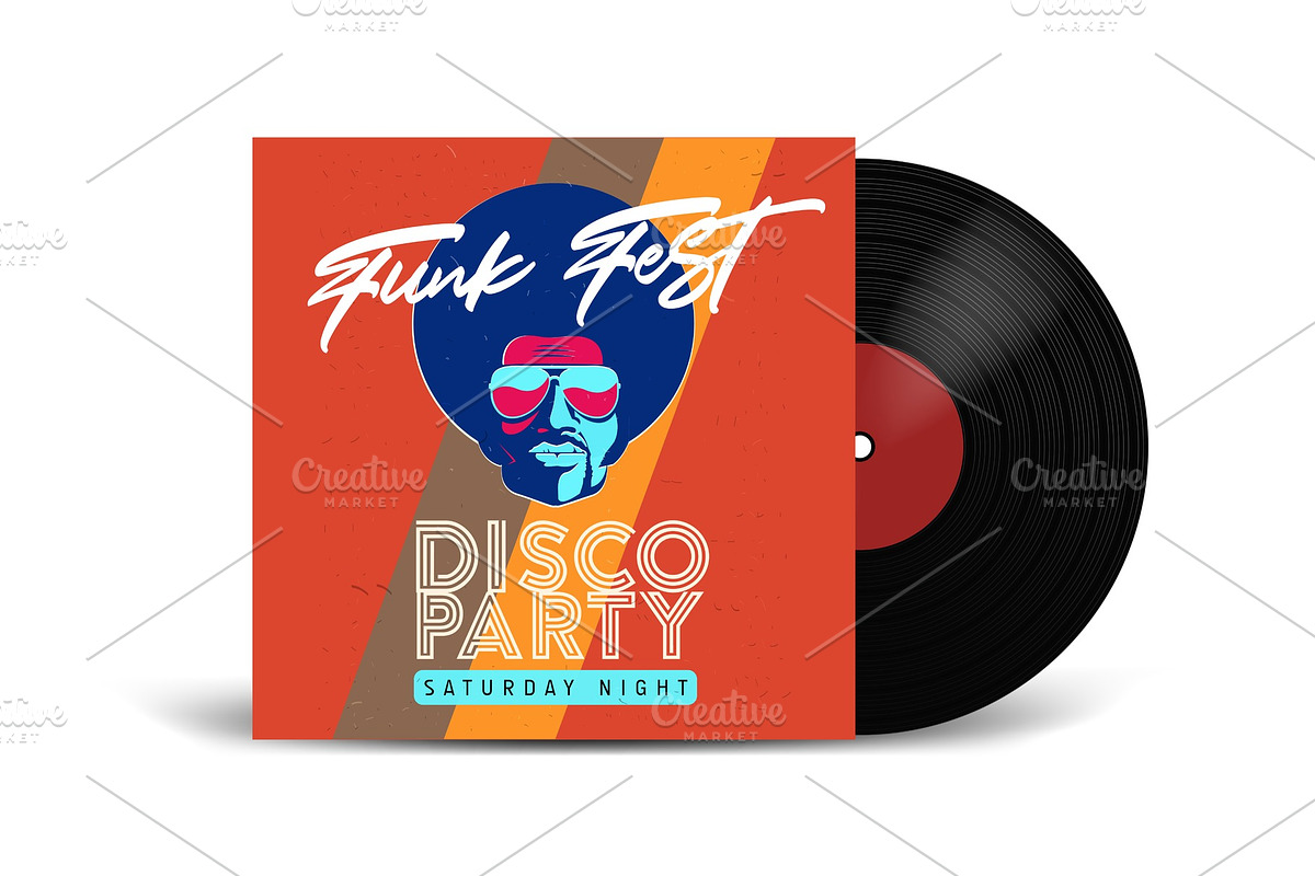 Realistic Vinyl Record with Cover Mockup. Disco party. Retro design. Front view., a Texture Graphic by Di Bronzino