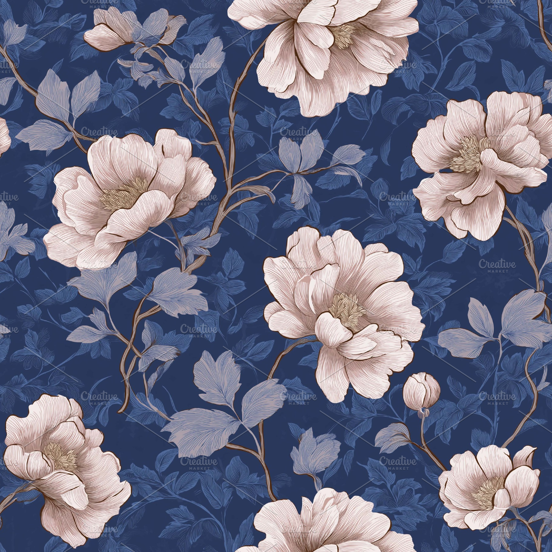 Seamless floral pattern with blooming peonies and detailed leaves on a deep blu, a Photo by Studio ANNA