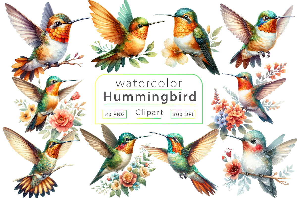 Watercolor Hummingbird Clipart, a Work Illustration by Dream Creation (Photo 1 of 5)