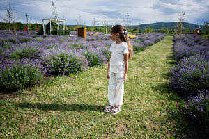 Young girl standing in lavender field under cloudy sky during daytime, a Photo by AS photostudio