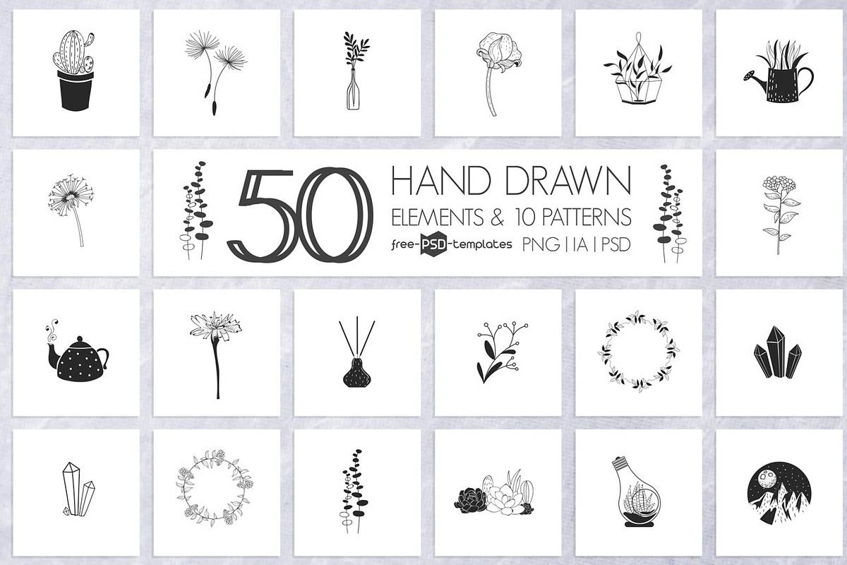 50 Hand Drawn Elements and Patterns, an Illustration by Free-PSD-Templates (Photo 1 of 4)