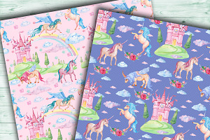 Unicorns Seamless Pattern Watercolor