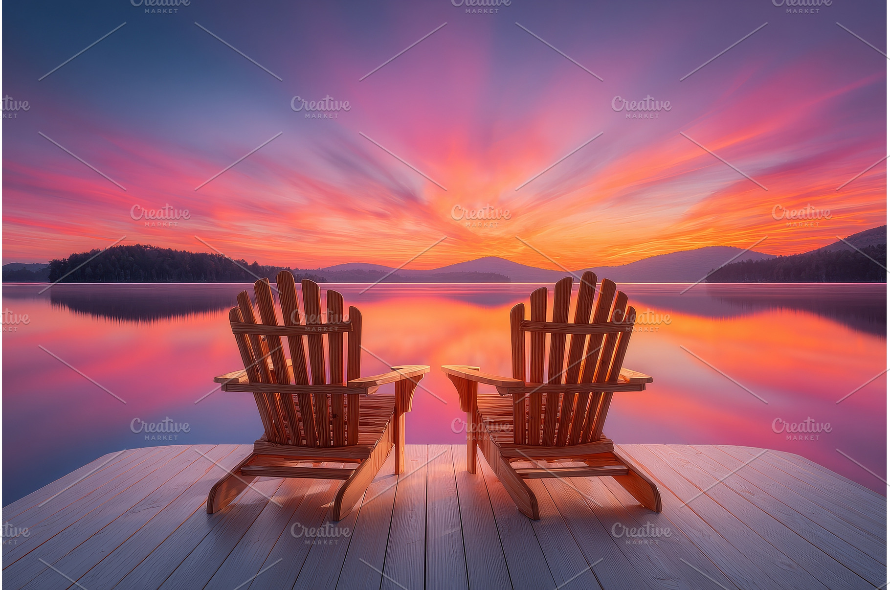 On a wooden dock, two chairs are, a Nature Photo by ZinetroN