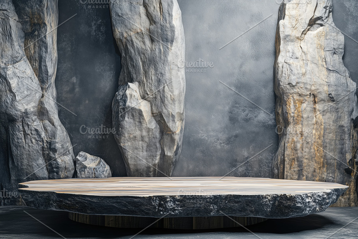 A modern, circular wooden table stage for product with a unique stone ...