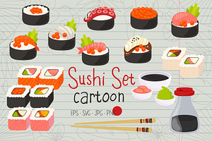 Set of Cute Sushi Roll Illustrations
