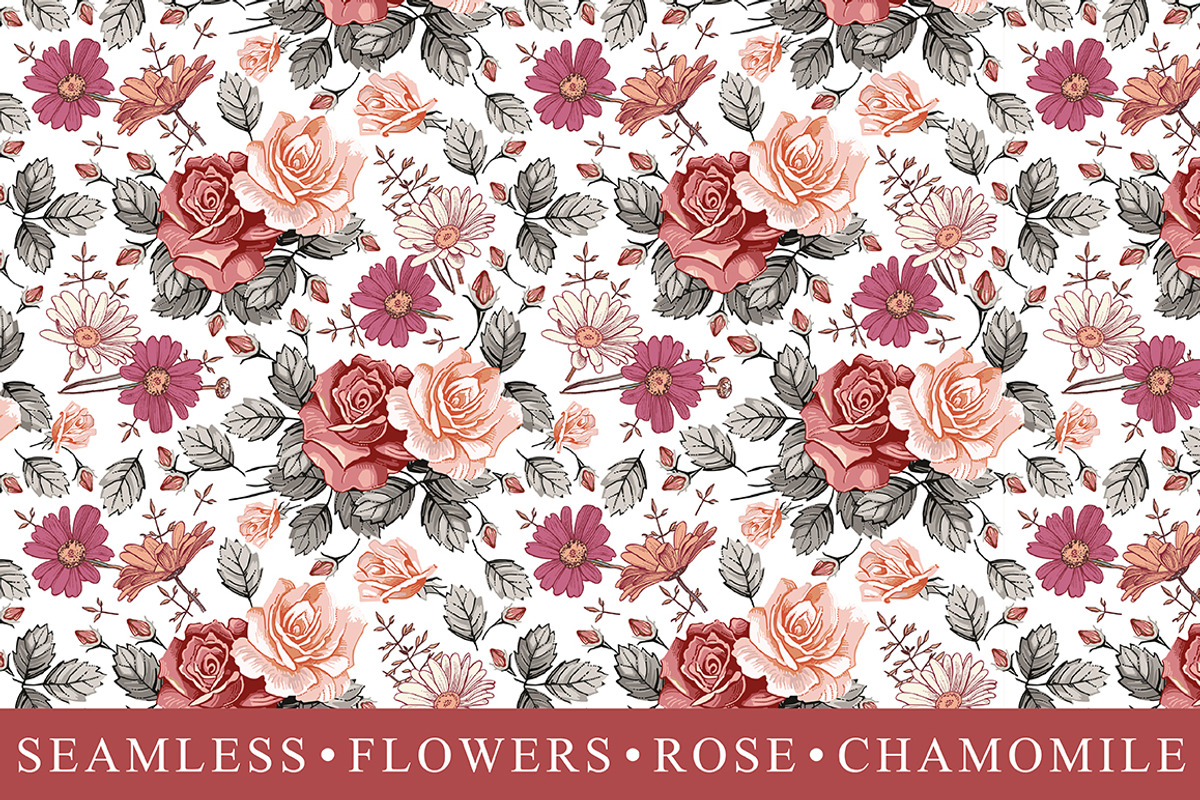 Seamless Flowers Rose Chamomile, a Pattern Graphic by Vintage (Photo 1 of 6)