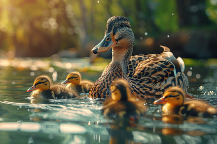 Duck and ducklings swimming into the pond, an Animal Photo by AlyaAnd