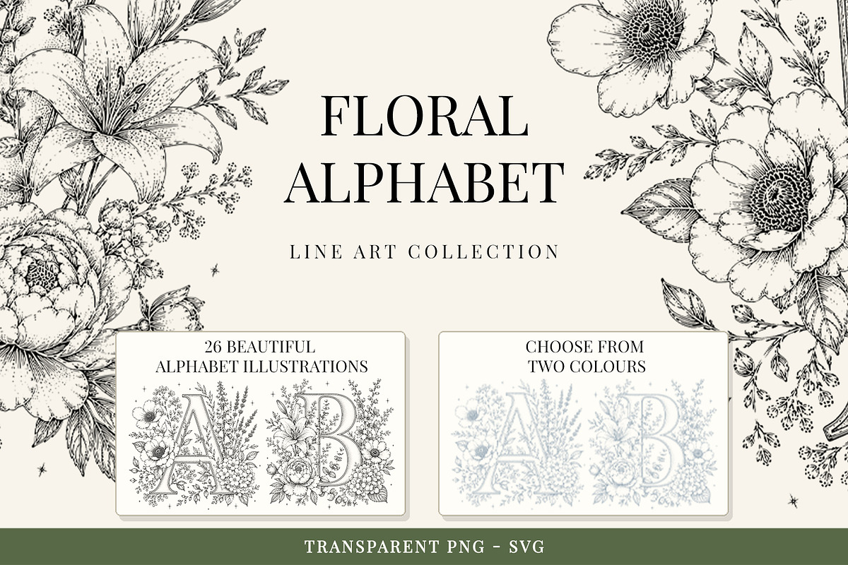 Floral Alphabet Botanical Line Art, a Decorative Illustration by AW Studios (Photo 1 of 6)