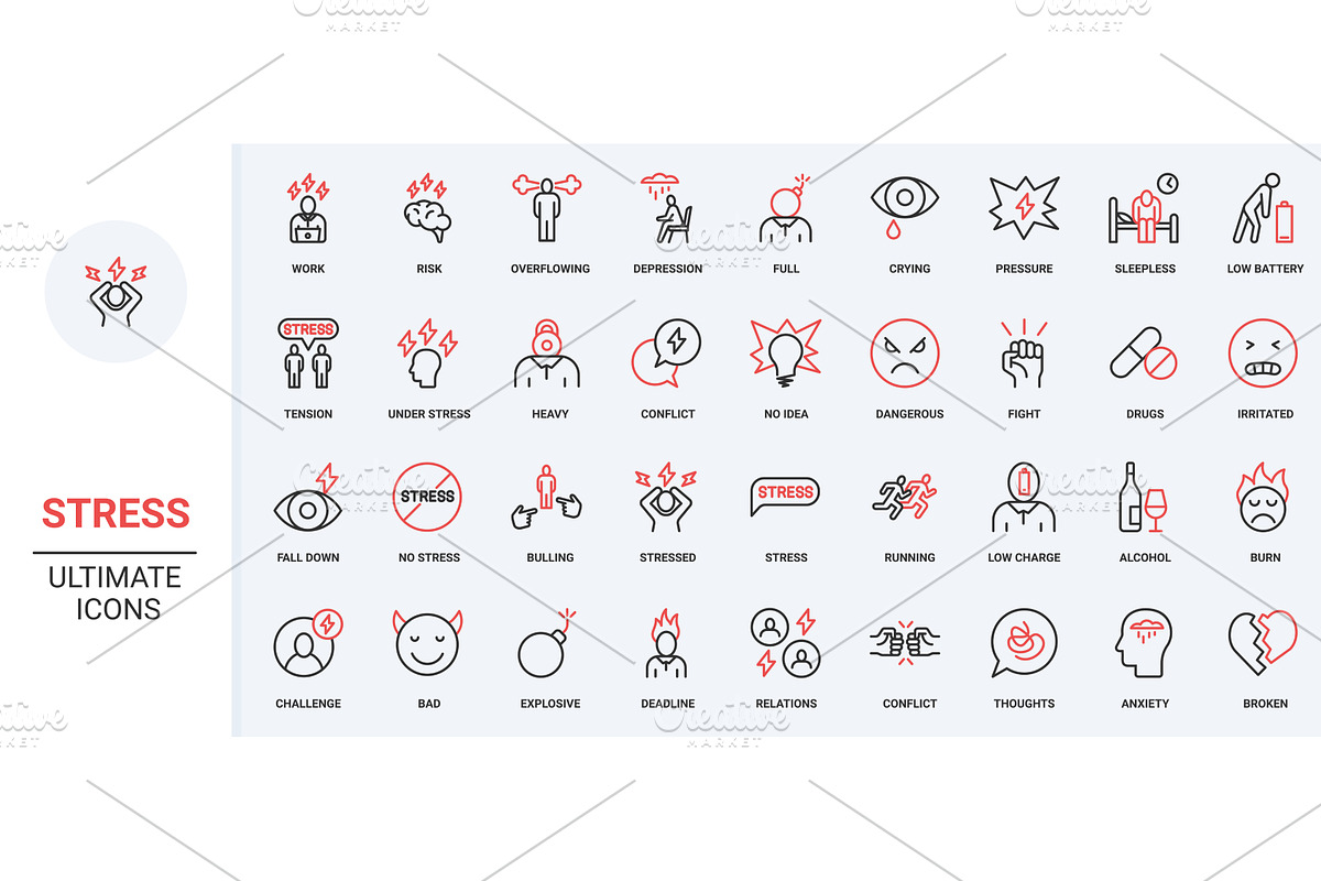 Stress symptoms mental problem icons, an Object Illustration by Lemberg Vector