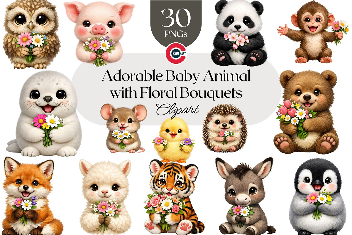 Adorable Baby Animal with Bouquets, an Animal Illustration by C-Kav (Photo 1 of 12)