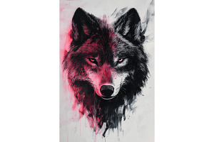 Fierce Wolf Portrait in Black & Pink, an Animal Illustration by Art Paradise Studios