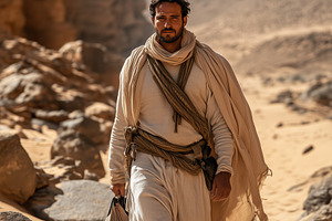 A man Egyptologist dressed in traditional desert attire walks through a sandy l, a Person Photo by Textures & Backgrounds