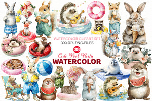 Cute Pool Party Watercolor Clipart, an Illustration by Designworld
