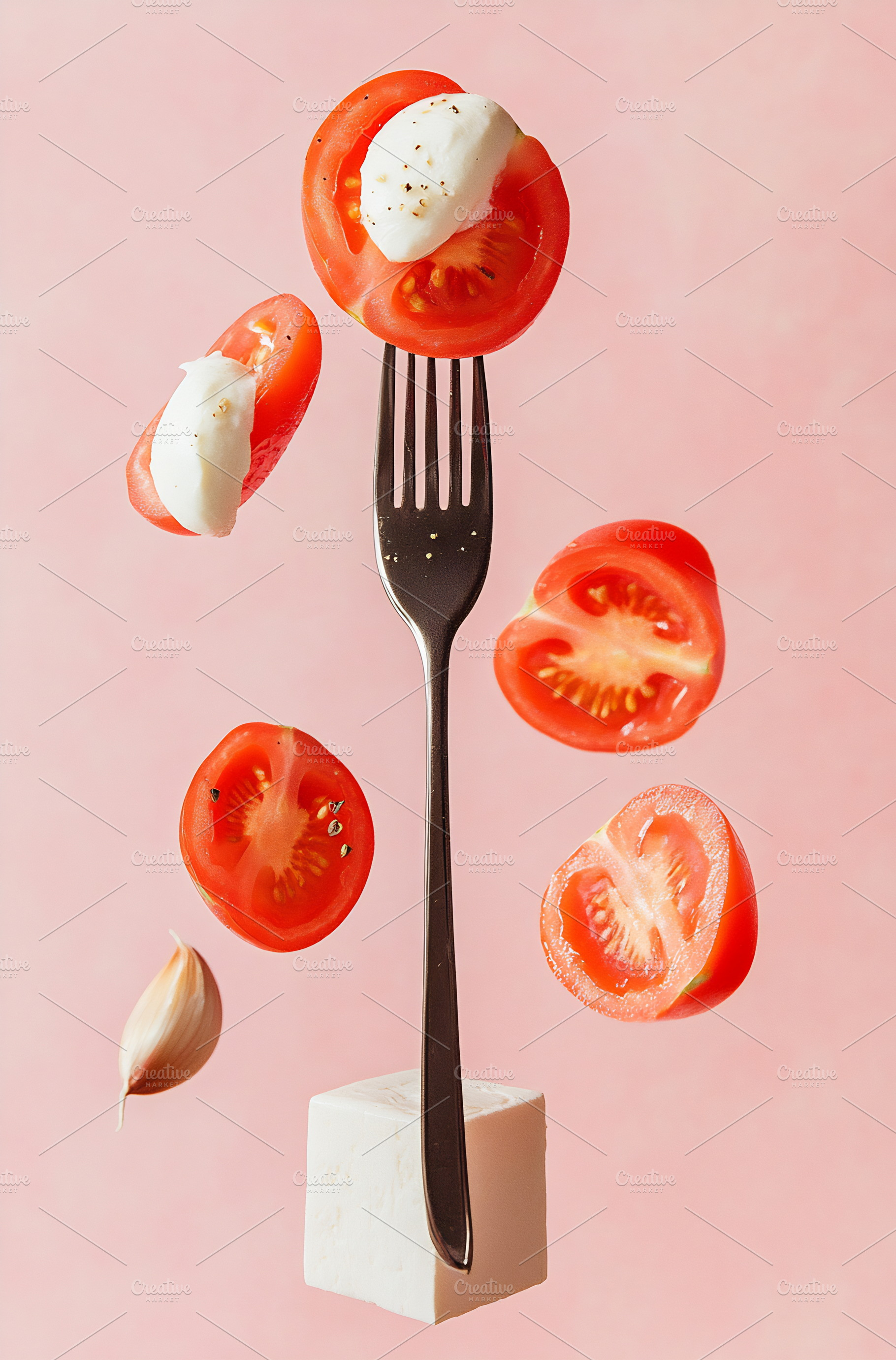 Floating tomatoes and cheese on fork, a Photo by Beautiful things