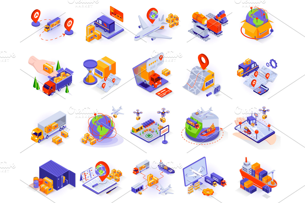 Logistic Isometric 3D Illustrations, a Templates & Theme by alexdndz