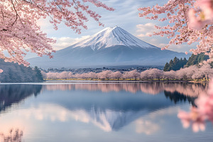 Mount Fuji and cherry blossoms refle, an Architecture Photo by Photostock