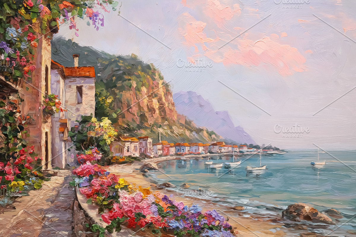 Amalfi Coast inspired oil painting showing Mediterranean village, an Illustration by Studio ANNA