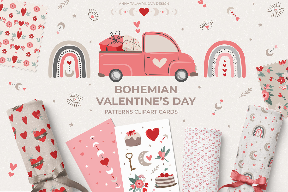 Boho Valentine's Day pattern clipart, a Food Illustration by Cozy pattern shop (Photo 1 of 9)