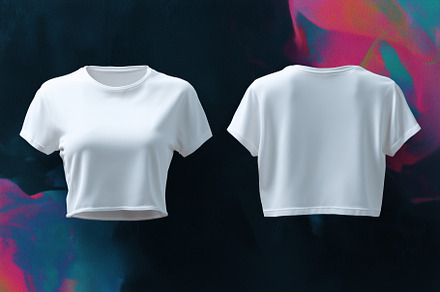 A plain white cropped t-shirt mockup from the front and back against a colorful, a Shirt Mockup by Textures & Backgrounds