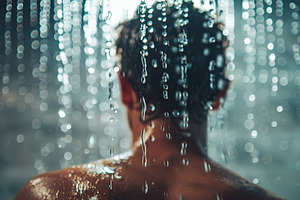 Back view of young man taking a shower from showerhead in the bathroom, a Person Photo by AlyaAnd