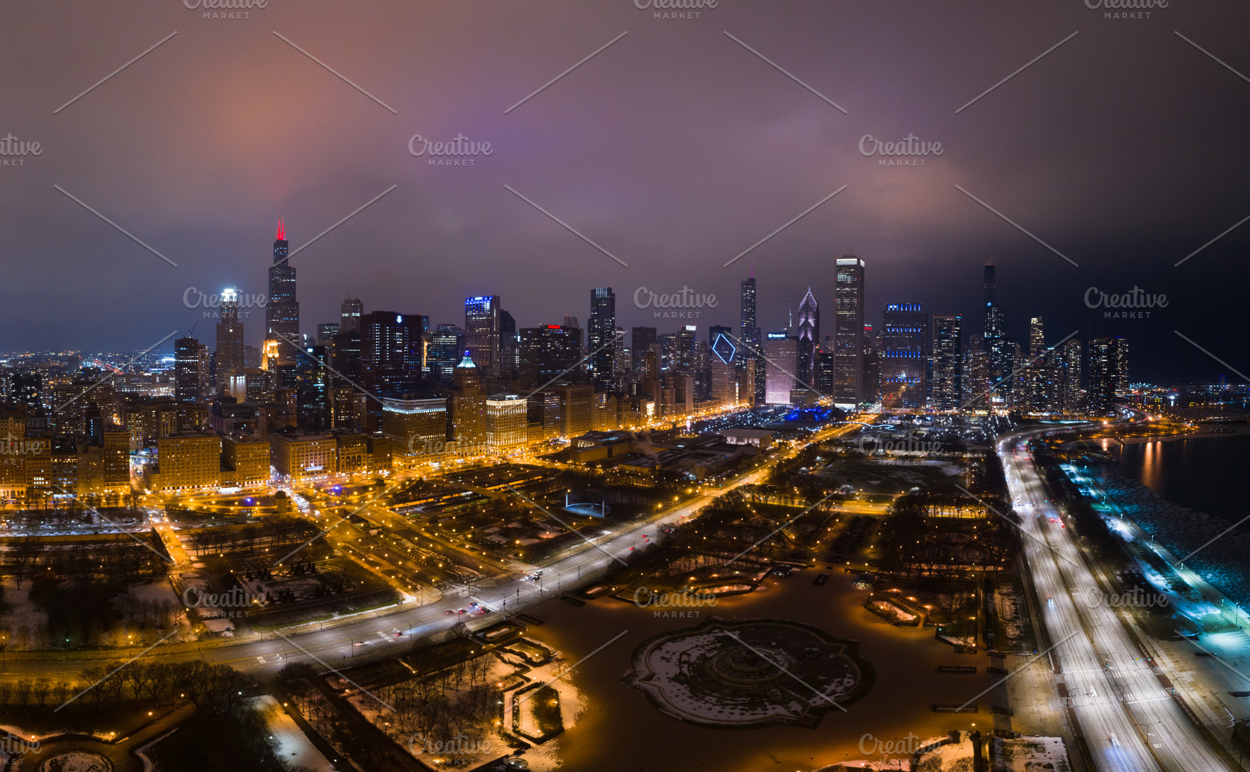 Urban Cityscape of Chicago Loop at Night in Winter. Aerial View., a Nature Photo by WhiteMountMedia