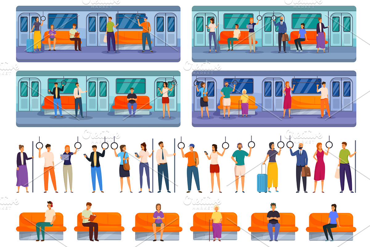 People inside subway icons set, a Transportation Illustration by Ylivdesign