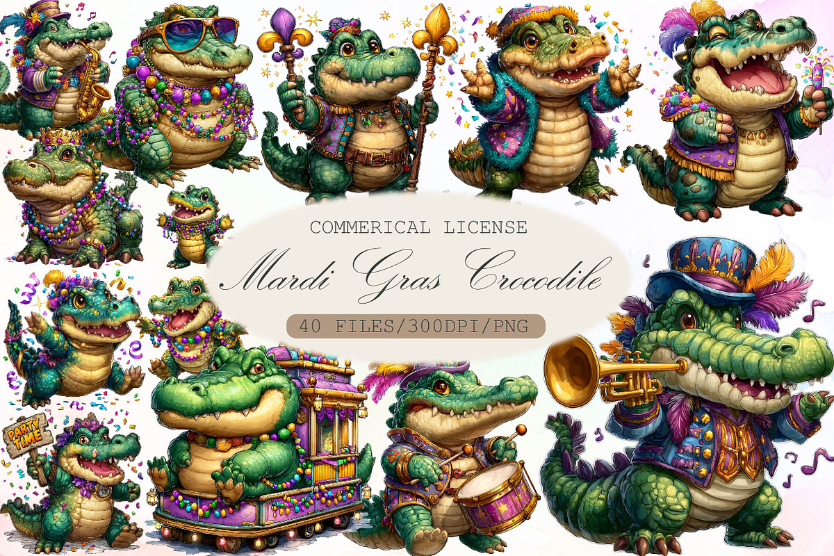 Watercolor Mardi Gras Crocodile Clip, an Illustration by Sublimation Artist (Photo 1 of 6)