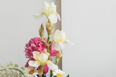 Stylish peony, lupin, iris and daisy arrangement on kenzan on da, a Nature Photo by Sonjachni