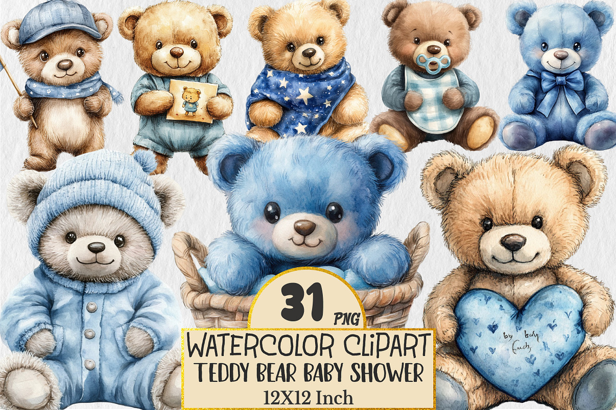 Blue Teddy Bear Baby Shower Clipart, an Animal Illustration by Rose Art (Photo 1 of 5)