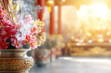 Burning incense sticks in a soft turquoise holder with wisps of smoke, set agai, a Holiday Photo by Mashimara