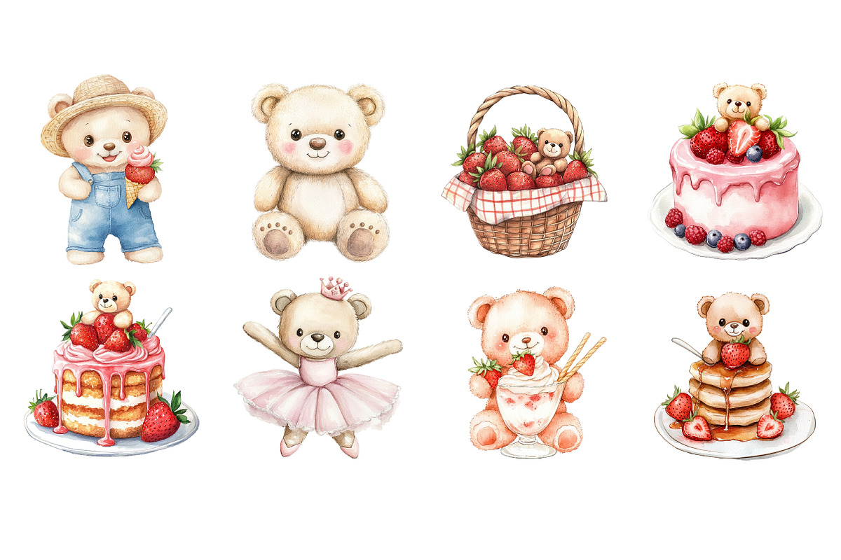 Kawaii Teddy Bear Strawberry Clipart, a Seasonal Illustration by CitraGraphics (Photo 3 of 4)