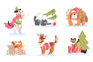 Christmas pets. Cartoon cute dog cat, an Object Illustration by Stock-Smart-Start
