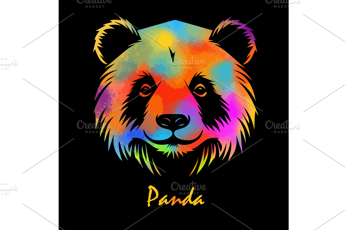 Panda colored head on black, an Animal Illustration by Nenahliadava Design