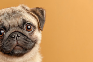 Cute pug dog portrait with big expressive eyes isolated on warm, an Animal Photo by José Manuel Gelpi