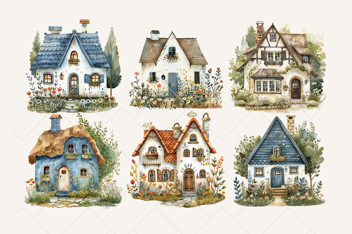 Folk Cottage Homes Clipart Set, an Object Illustration by The Twin Lakes Studio (Photo 4 of 10)