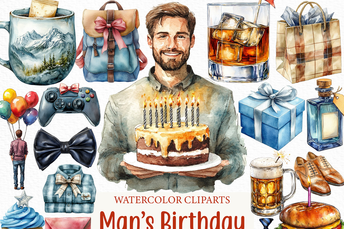 Watercolor Man’s Birthday Clipart, an Illustration by Craft Nest (Photo 1 of 6)