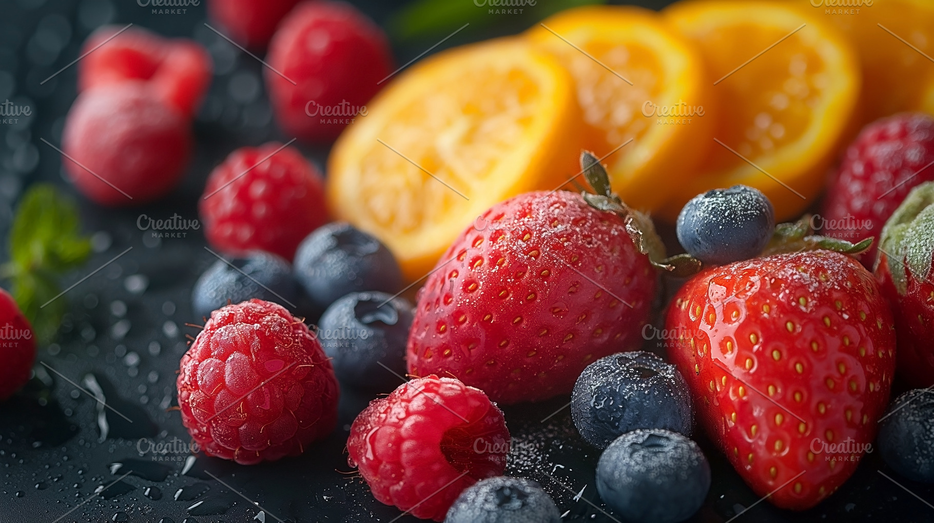 Fresh and vibrant assortment of strawberries, blueberries, and r, a Food & Drink Photo by ImageMir