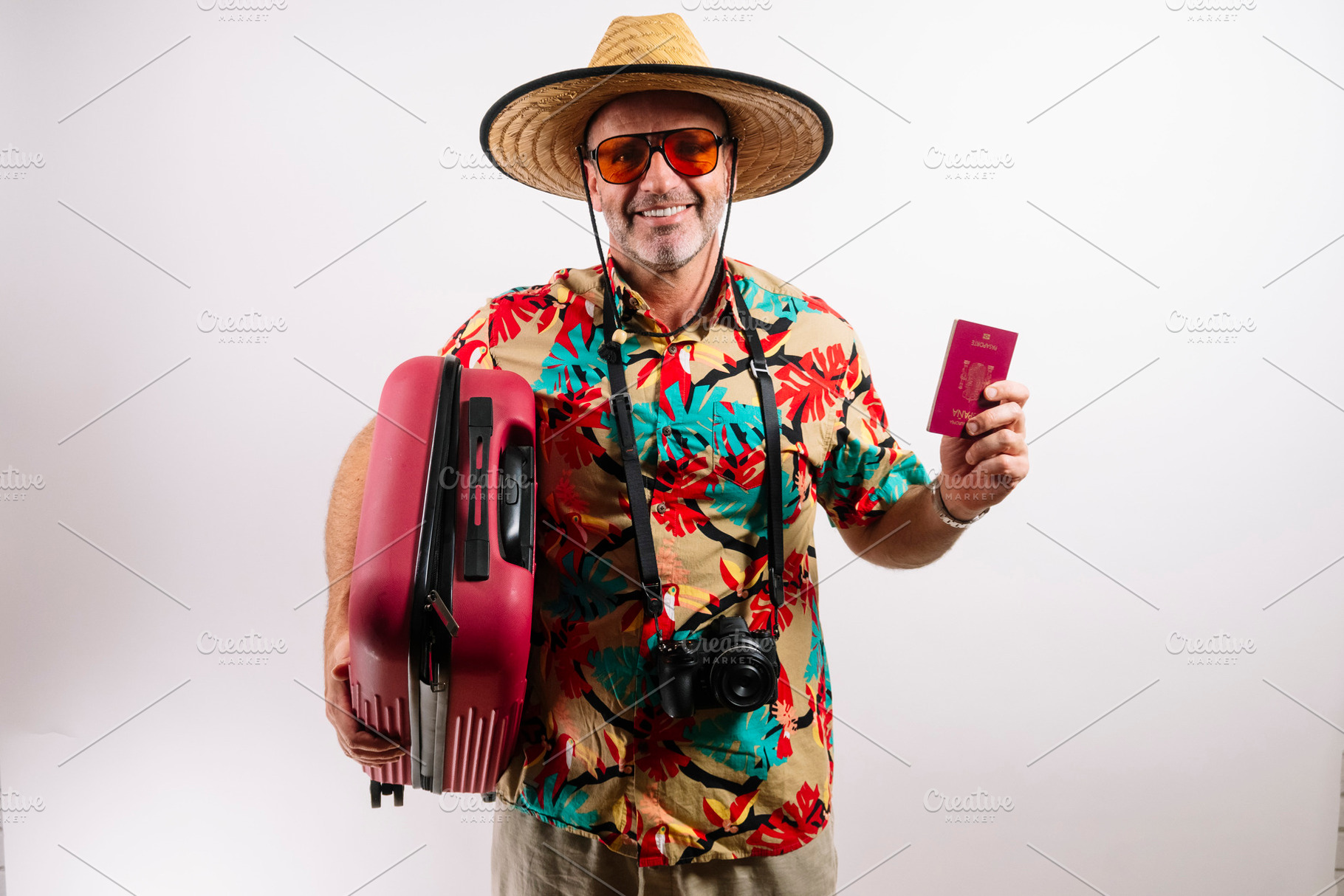 Smiling man ready for tropical vacation adventure, a Person Photo by karrastock