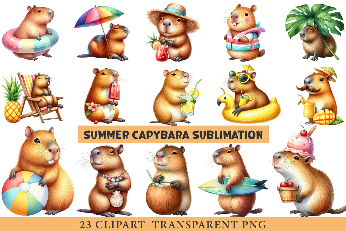Summer Capybara Watercolor Clipart, an Illustration by cherrydesign (Photo 1 of 4)