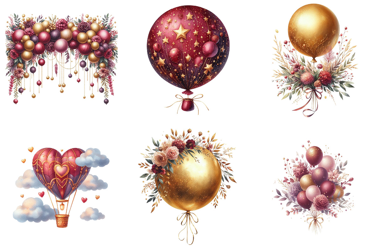 Burgundy and Gold Balloons Clipart, an Illustration by DreamArtGraphic (Photo 3 of 4)