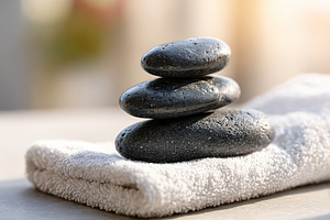 Smooth black basalt spa stones stacked on a soft towel in a tranquil setting, a Photo by AlyaAnd