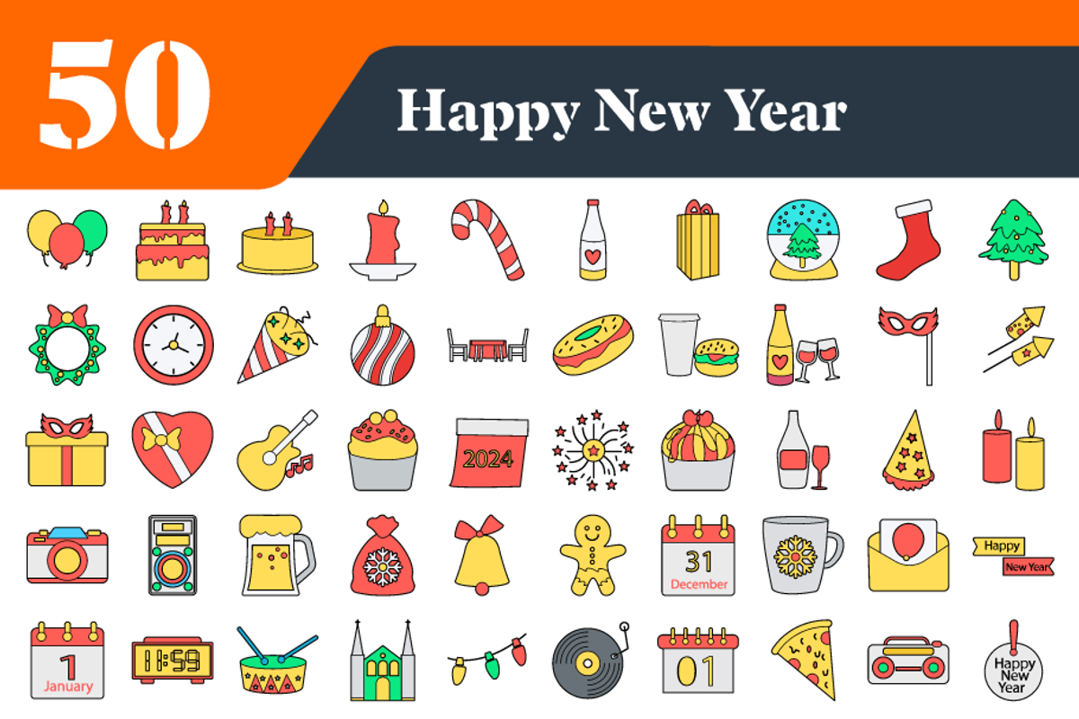 Happy New Year Flat Icons Bundle, an Outline Icon by EllaMaiyaali (Photo 3 of 3)