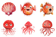 Red Ocean Animals Clipart, an Illustration by DreamArtGraphic (Thumbnail 1 of 4)