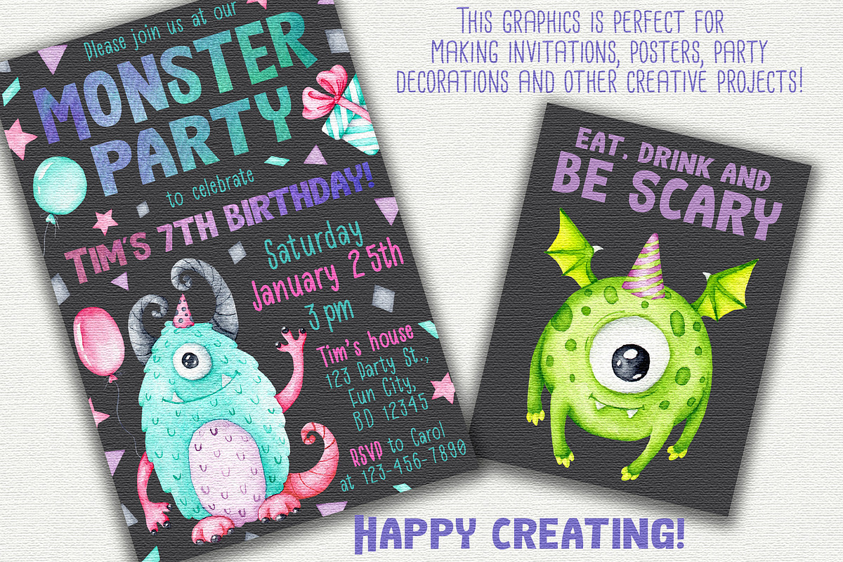 Monsters watercolor clipart, an Object Graphic by Trinibis (Photo 4 of 4)