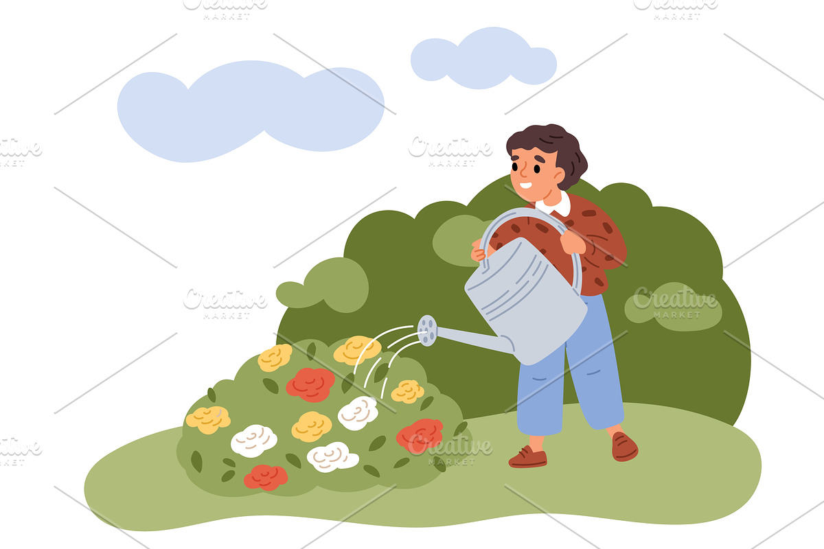 Little boy watering flowers in, an Object Illustration by Vectorbuum