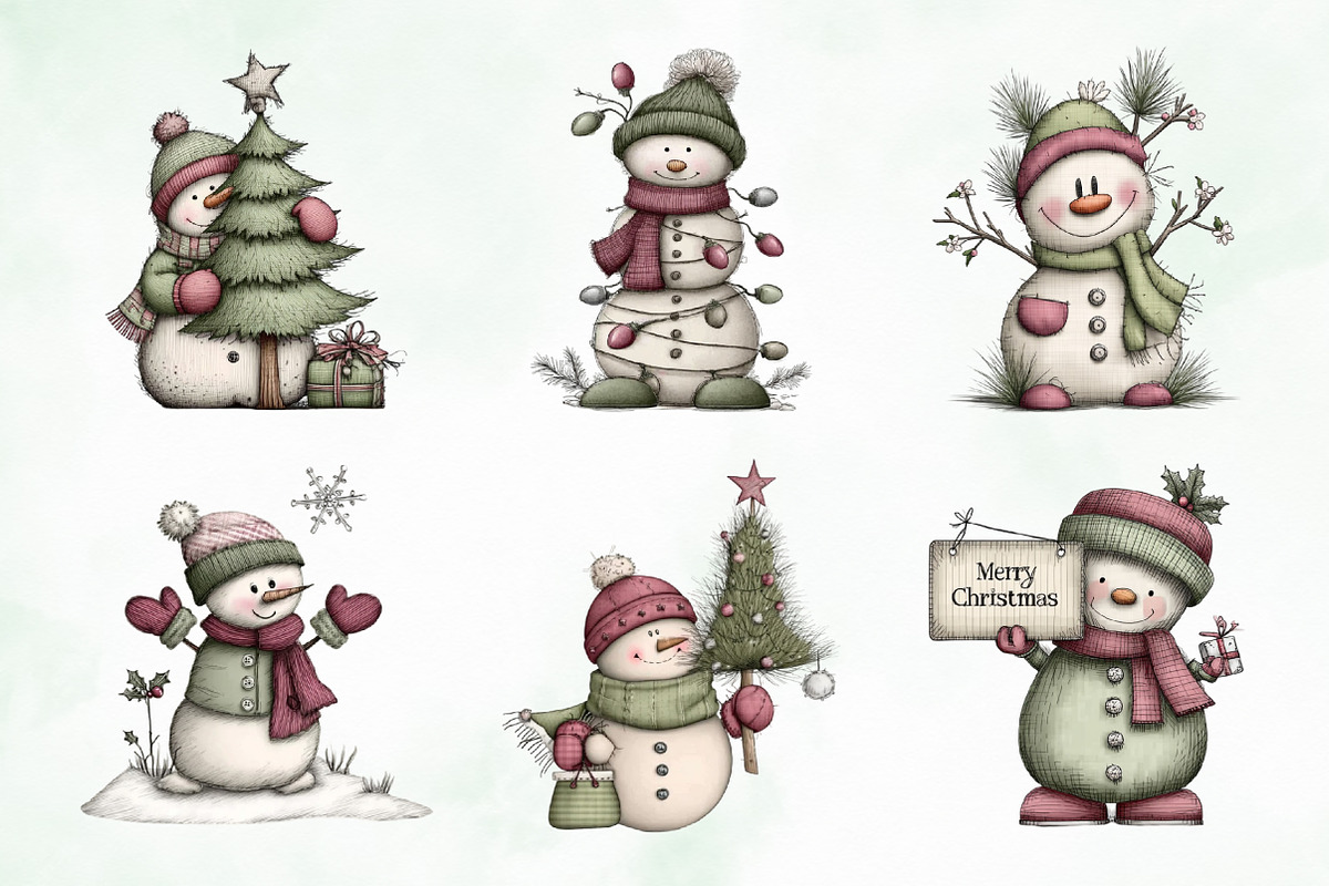Whimsical Christmas Snowman Clipart, an Illustration by Creative Art (Photo 5 of 8)