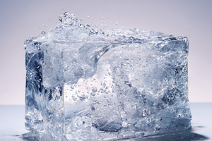 Ice cube creating water splash on a cold surface, showing a refr, a Photo by Studio ANNA