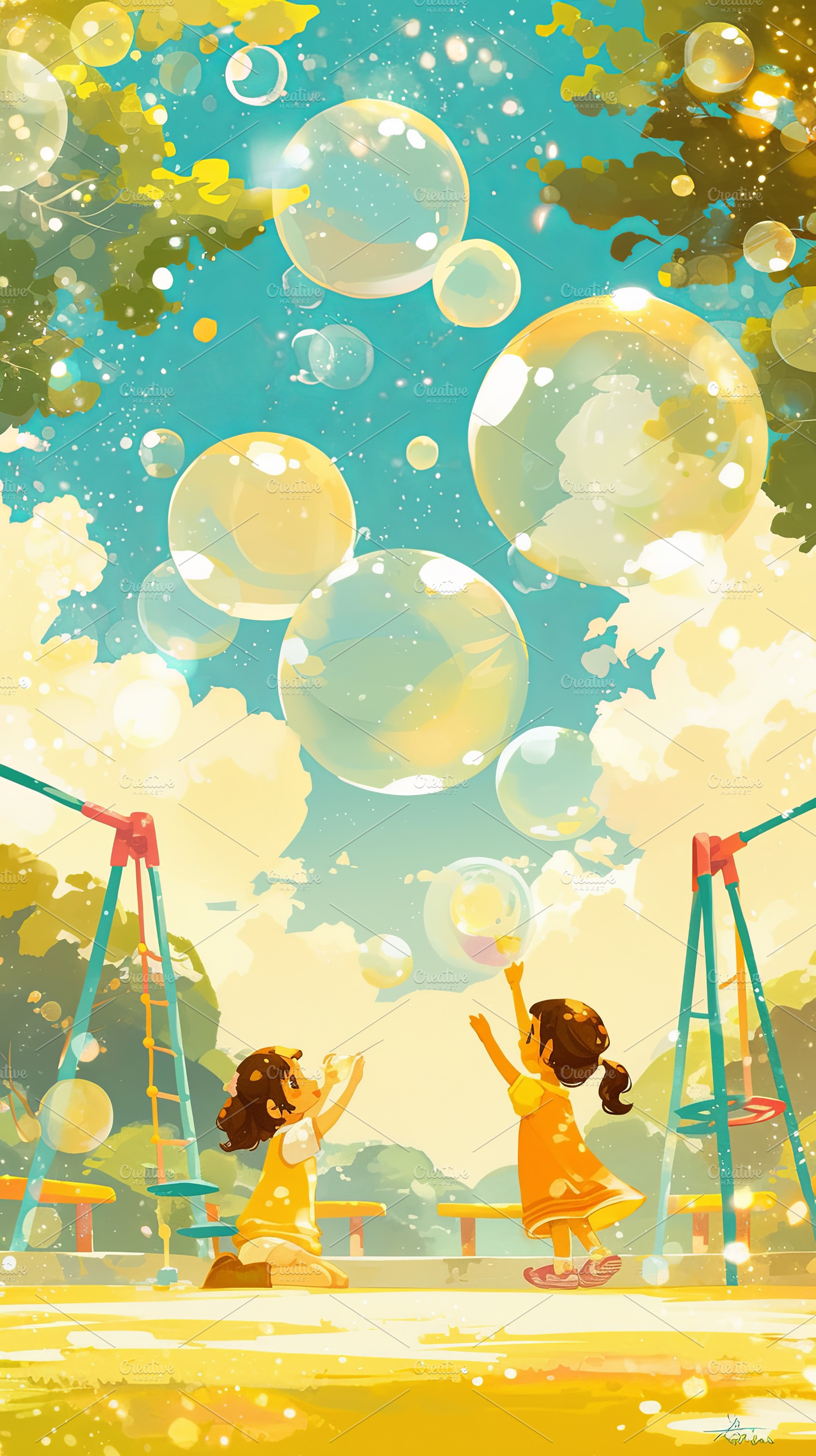 Two children playing with bubbles in a sunny park under a blue sky, a Photo by AS photostudio