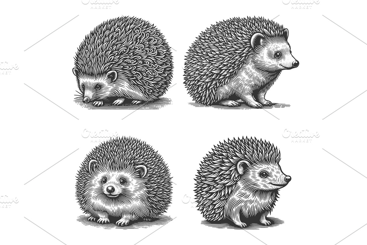 hedgehog engraving set vector, an Animal Illustration by AlexArt