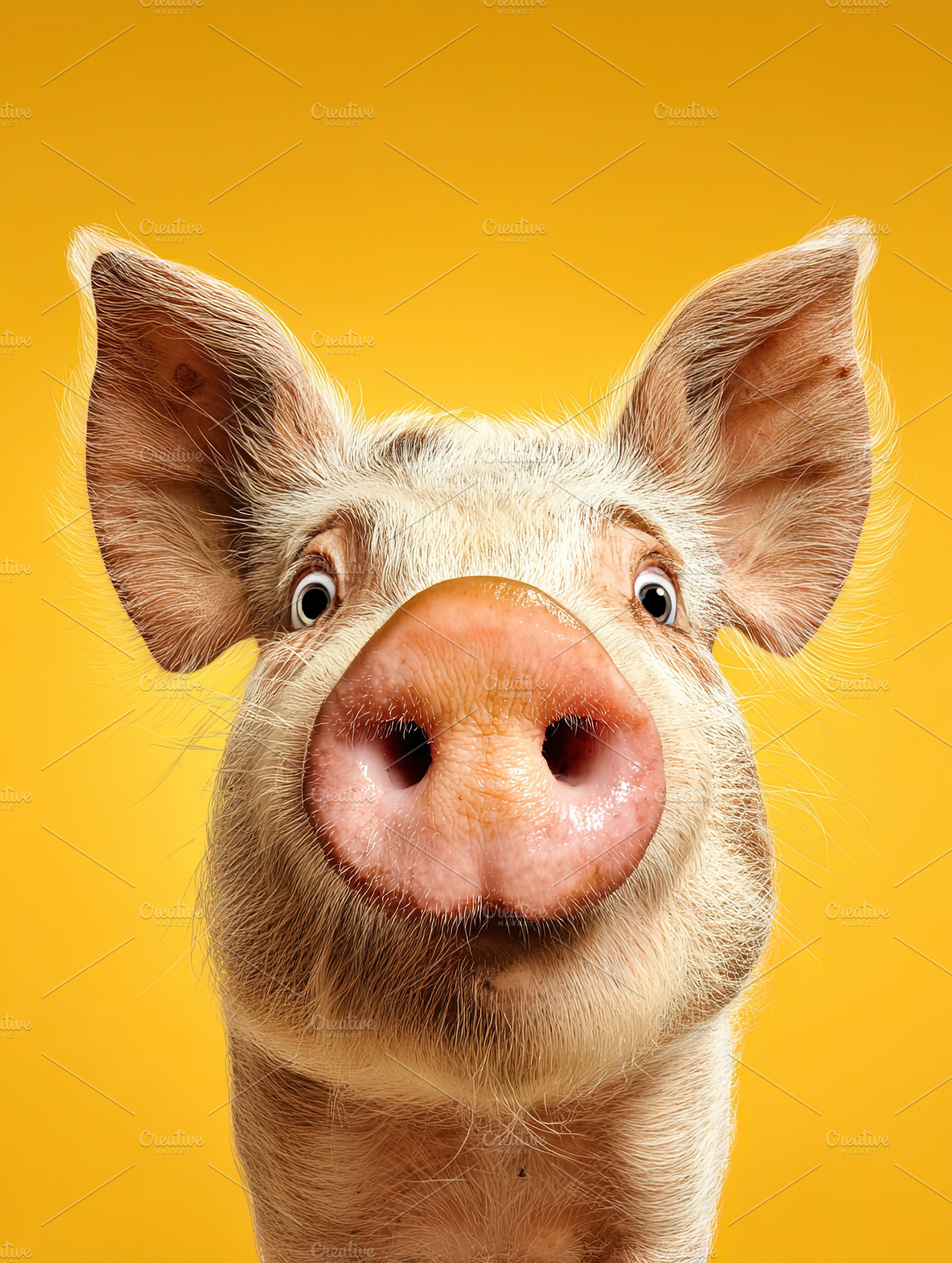 Close-up of a curious pig against a vibrant yellow background, c, an Animal Photo by Ales Munt